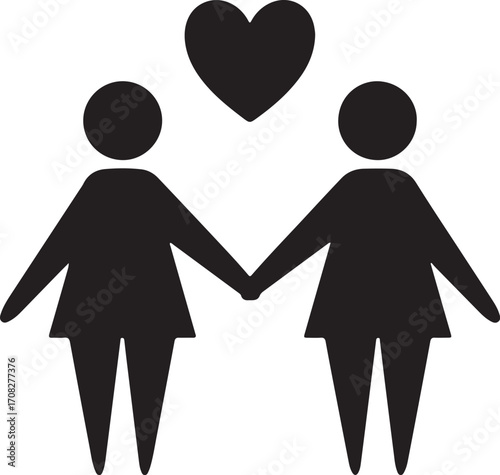 Black Silhouette of Two Women Holding Hands with Heart Above on White Background love