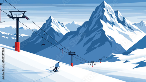 Chairlift Illustration in Mountain Landscape for Winter Recreation and Fun