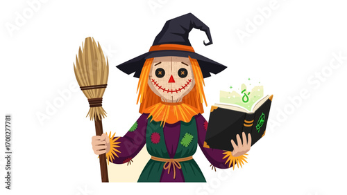 Whimsical Witchcraft: A charming scarecrow-like witch, exuding a touch of playful enchantment, clutches a spell book and broom, ready to weave some Halloween magic.