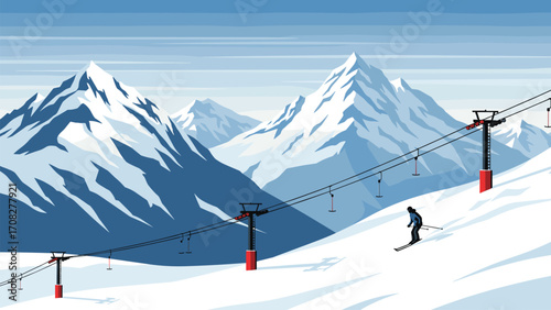 Stunning Mountain Chairlift Illustration, Winter Adventure Artwork for Recreation and Holiday Fun