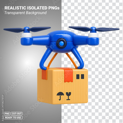 Blue delivery drone carrying package box Transparent PNG file ready to be used.