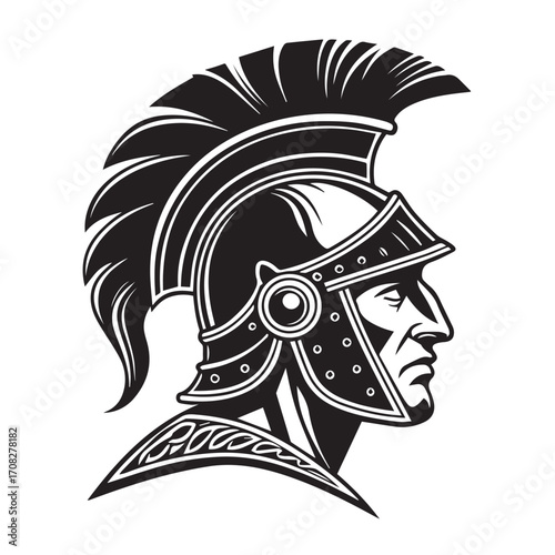 Black and white illustration of a roman soldiers helmet and profile, isolated on white background