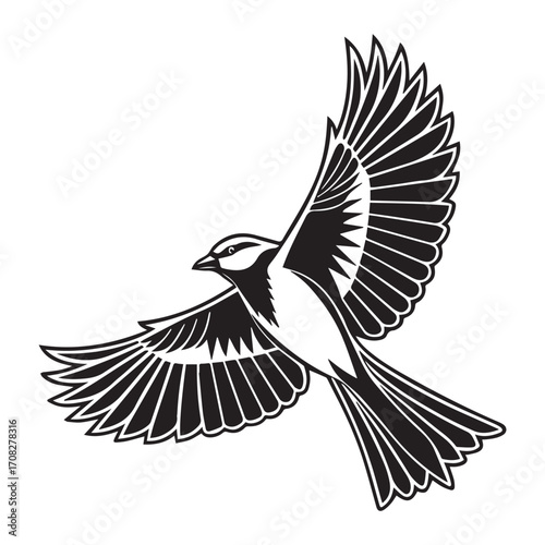 Black and white illustration of a titmouse bird in flight, isolated on white background