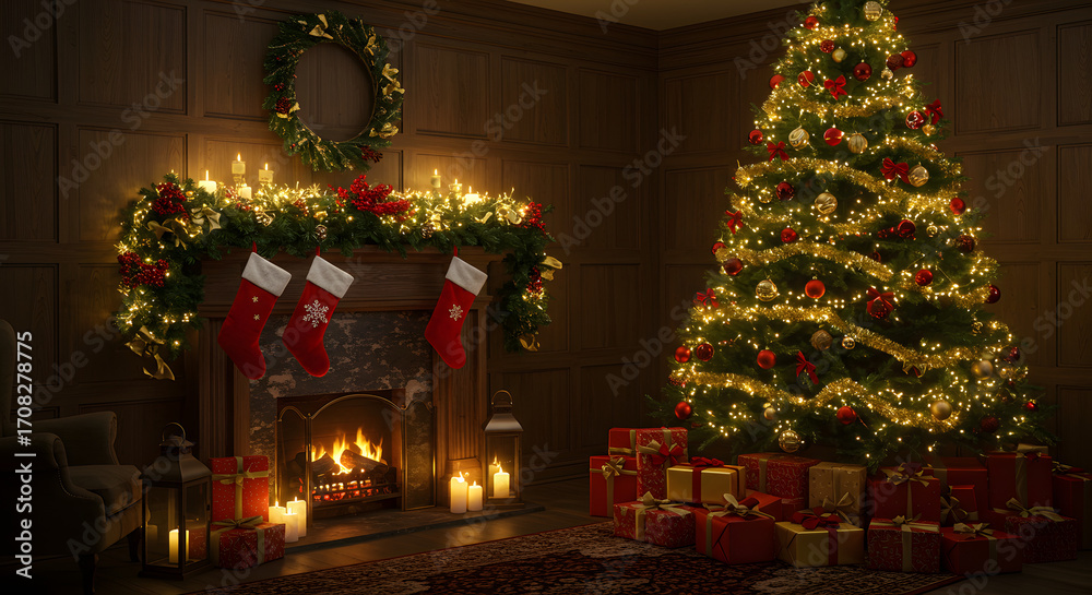 Fototapeta premium Classic Christmas Eve scene featuring a glowing fireplace with hanging stockings and a beautifully decorated, illuminated tree with presents