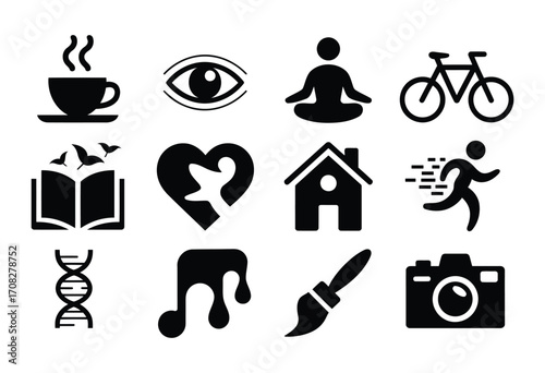 A collection of diverse black icons representing various themes and concepts in a simple graphic style