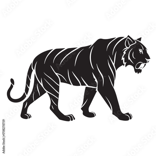 Black tiger silhouette walking isolated on white background, powerful wild animal illustration