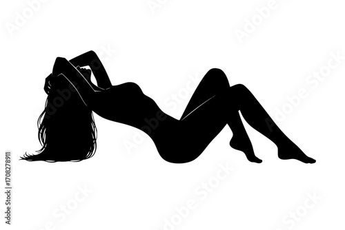 Silhouette of a Beautiful Woman with Long Hair Lying on the Beach – Elegant Female Figure Arching Gracefully, Relaxing Summer Pose, Minimalist Black and White Vector Illustration