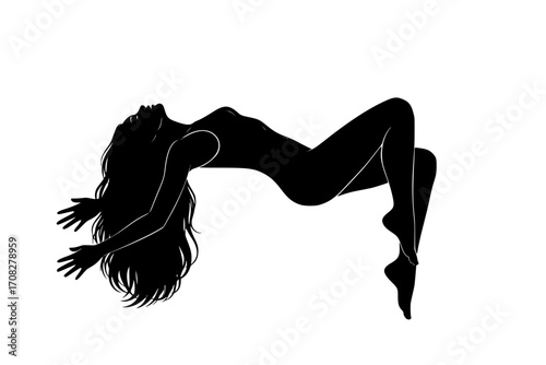 Silhouette of a Beautiful Woman with Long Hair Lying on the Beach – Elegant Female Figure Arching Gracefully, Relaxing Summer Pose, Minimalist Black and White Vector Illustration