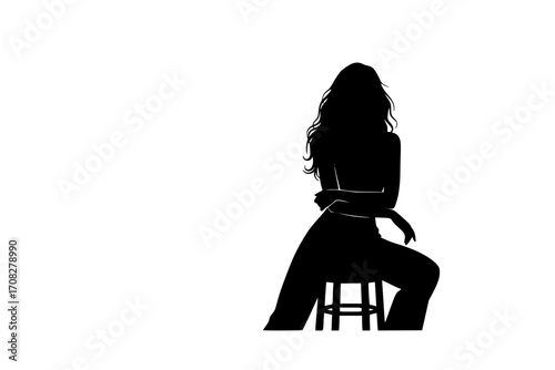 Silhouette of a Beautiful Woman Sitting on a Bar Stool with Long Wavy Hair – Elegant Female Figure with Arms Crossed in Lap, Minimalist Black and White Vector Illustration