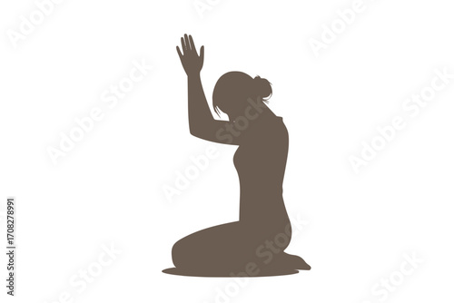 Lonely Woman Silhouette Kneeling and Praying – Emotional Black and White Vector of Female Figure on Floor with Raised Arms, Asking for Help, Spiritual Hope and Faith Illustration
