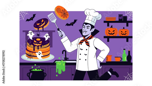 Spooky Chef Pancake Creation: A vampire chef adds a touch of the macabre to a Halloween morning, crafting playful pancakes adorned with spooky decorations within a purple kitchen setting. 