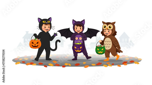 Halloween Trio: Three costumed children, a cat, a bat, and an owl, gleefully trick-or-treating, embody the playful spirit of Halloween and childhood imagination.
