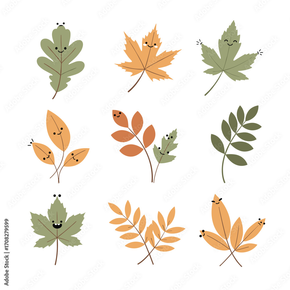 Obraz premium Cute Autumn Leaves Characters with Happy Faces.
