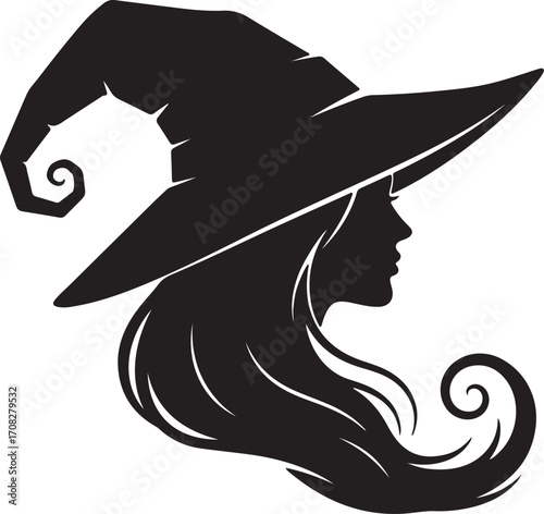 Silhouette of a woman wearing a witch hat with long flowing hair magic