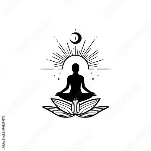 Meditation yoga spiritual wellness lotus pose moon sun stars mindfulness relaxation zen peace health design art