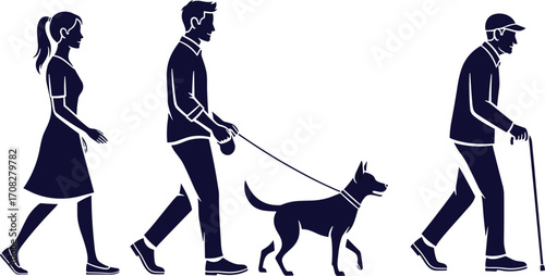 Black and white silhouette of diverse people walking with dog, including woman, man, senior with cane, community lifestyle vector illustration