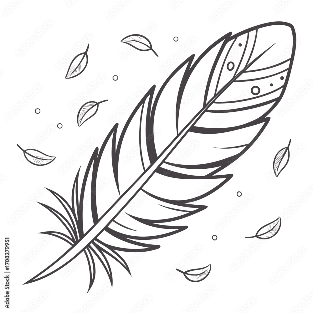 Obraz premium Black and white illustration of a single feather with small floating leaves