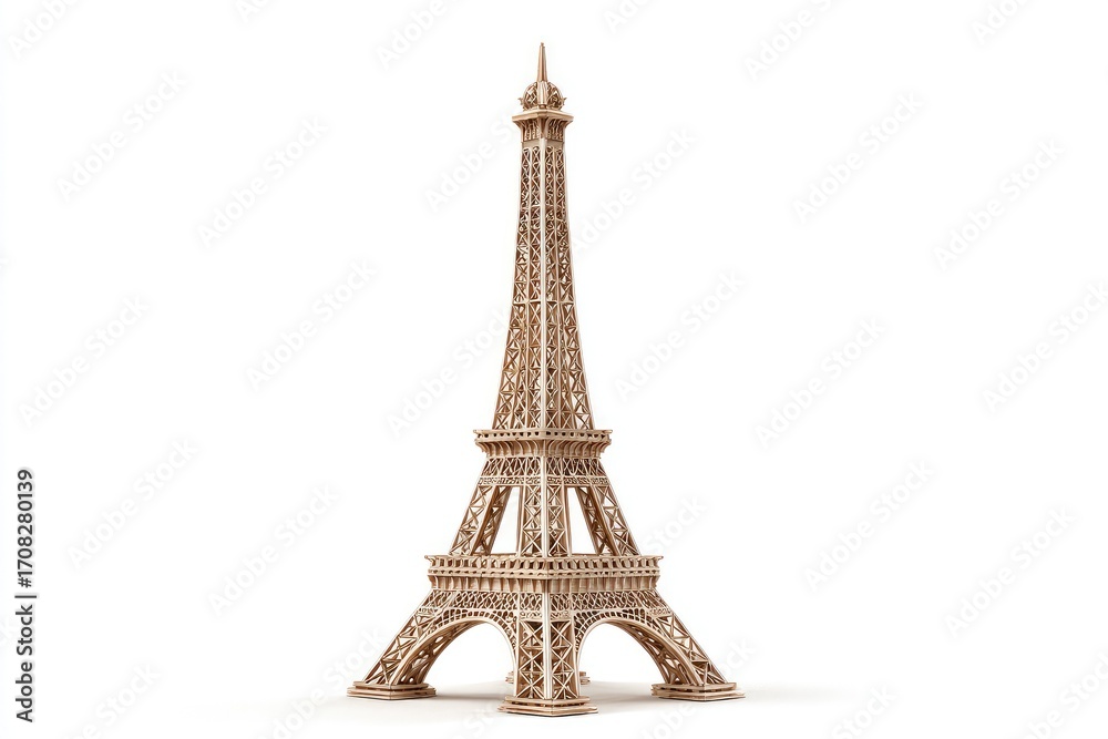 Obraz premium Detailed wooden model of the Eiffel Tower. Light beige/tan color. Precisely crafted, detailed structure. White background isolates the piece