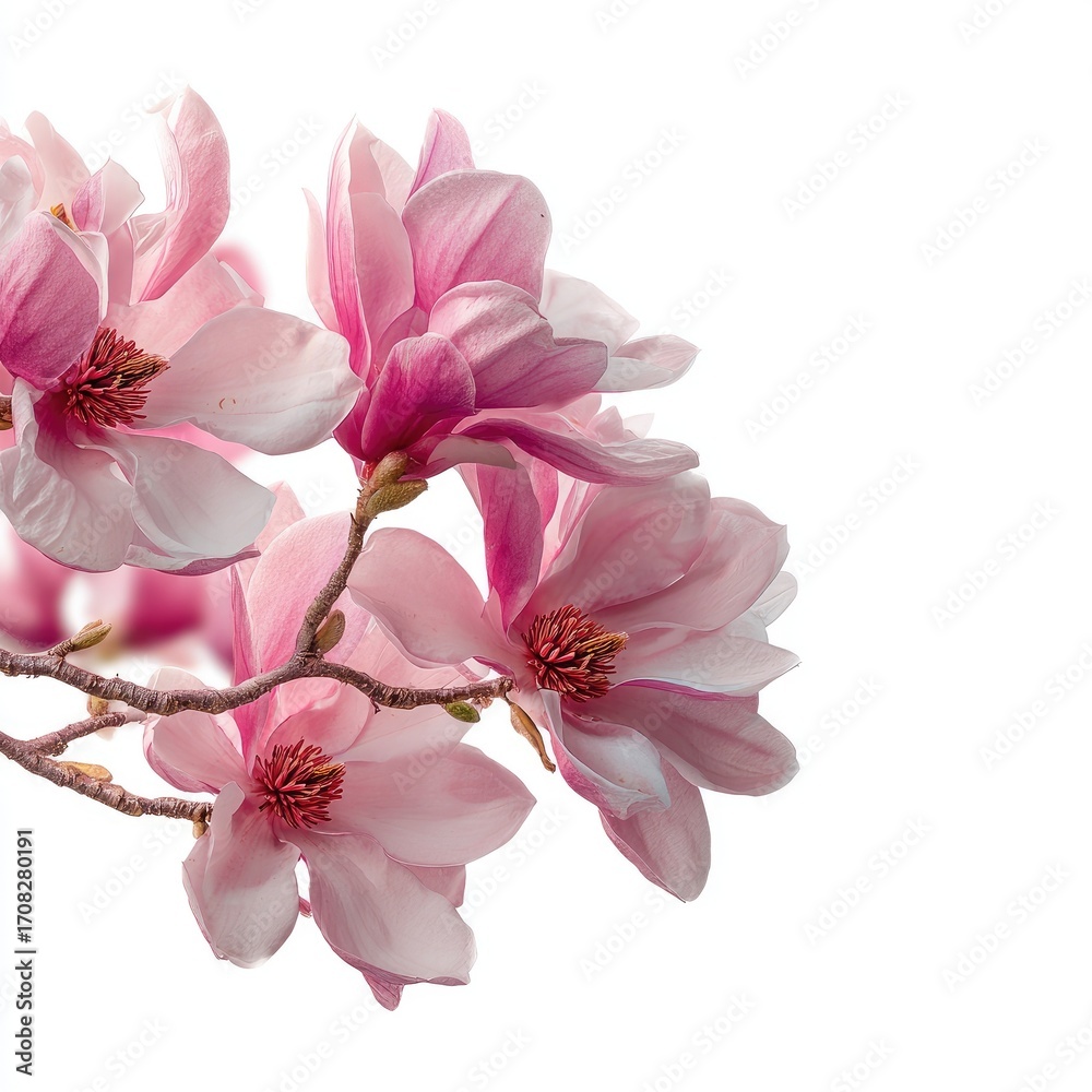 Fototapeta premium Close-up of delicate pink magnolia blossoms on a branch against a pure white background. Soft, pastel pink petals with a hint of white. Branches show light brown tones. Focus on the flowers