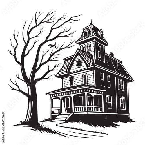 Creepy victorian mansion with bare tree on a dark path, isolated on white background