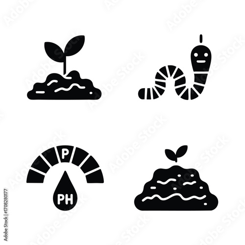A set of 4 soil health icons handful of soil, earthworm, pH scale symbol, compost heap.