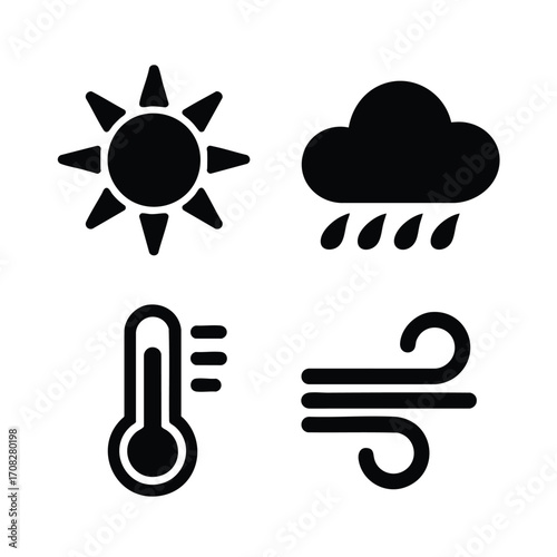 Weather for farming icon set sun, cloud with rain, thermometer, wind symbol.