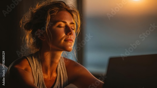 Serene stretch beside a glowing laptop, tranquility in work balance