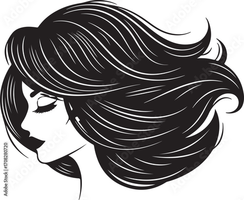 Stylized black silhouette of a woman's profile with flowing hair Keywords: woman, profile, silhouette, hair