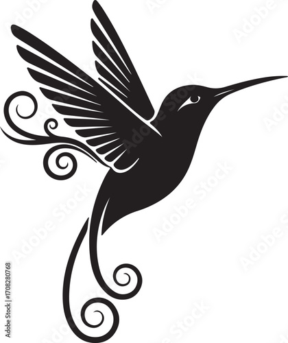 Stylized Silhouette of a Hummingbird in Flight with Swirls flying