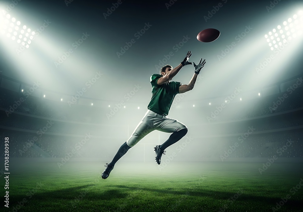 Naklejka premium American Football Player Leaping to Catch Pass Under Stadium Lights
