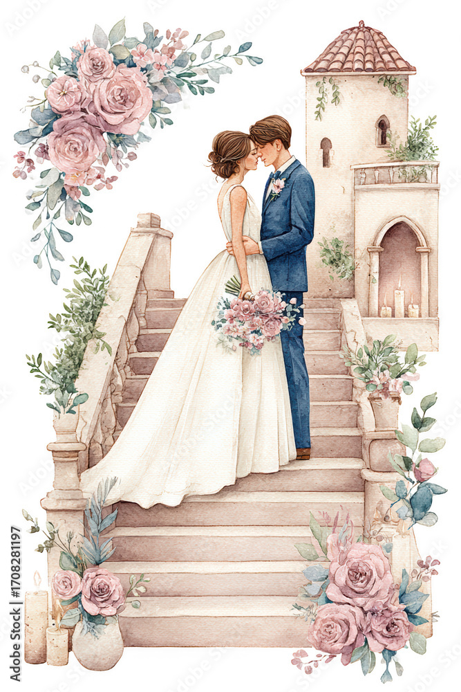 Fototapeta premium A couple embraces on a staircase, dressed elegantly, surrounded by flowers, capturing a romantic wedding moment.
