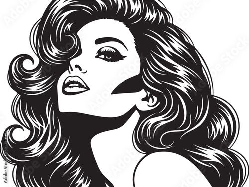 Woman with voluminous wavy hair looking up in black and white illustration female