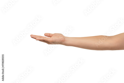 A hand with an open palm extended forward, isolated on a clean gray background. Perfect for concepts of offering, giving, receiving, or holding an invisible object. There is ample negative space for t