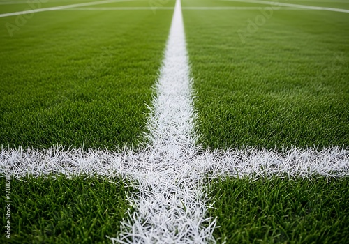 Close-up of a Green Soccer Field with White Lines and Textured Grass