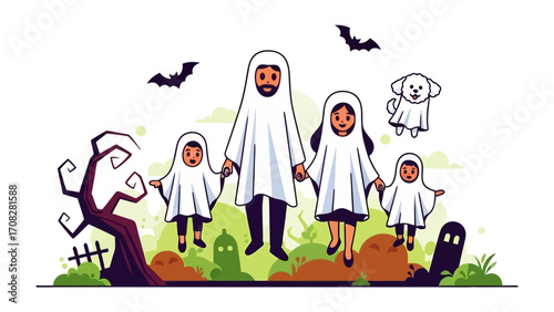 Halloween Specter Family: A charming family of five, costumed as friendly ghosts, joyfully embraces the spirit of Halloween, creating a whimsical illustration with bat accents and spooky props.