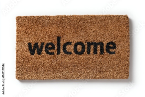 A rectangular doormat, light tan/beige color, displaying the word 