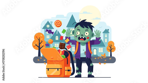 Zombie Child with a Sweet Surprise: A lively cartoon captures a young zombie character, gleefully emptying a backpack filled with various candies and sweets, against a playful, colorful town backdrop.
