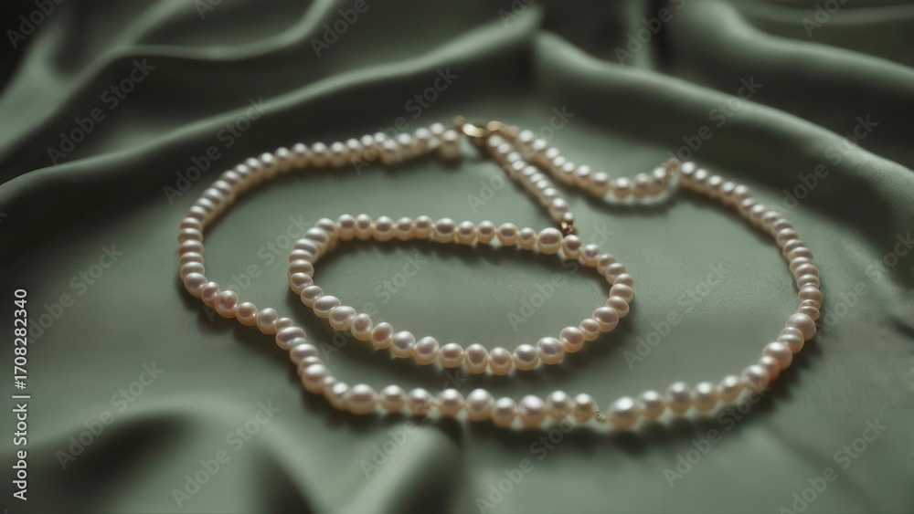 Obraz premium A delicate pearl necklace and bracelet set rests on a soft, sage-green silk fabric, exhibiting subtle light reflections