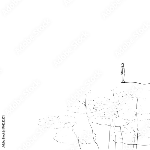 Minimalist line art man cliff edge contemplation landscape sketch simple drawing silhouette illustration vector design