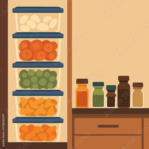 Organized pantry with containers and spice jars in flat design