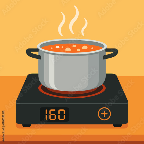 Flat style cooking pot on electric stovetop with boiling soup and steaming bubbles