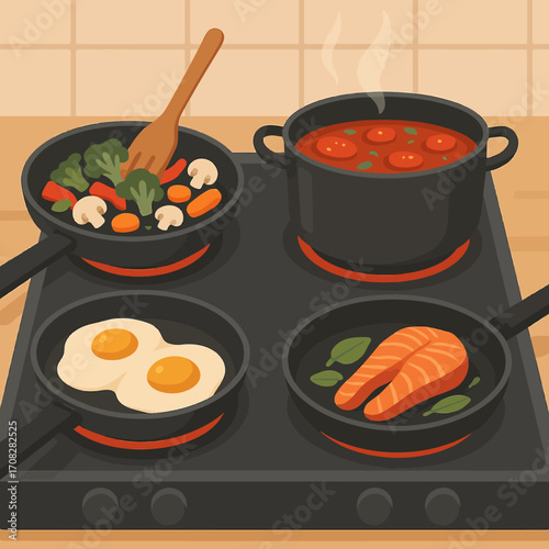Colorful flat art of cooking on stove with vegetables, eggs, and salmon