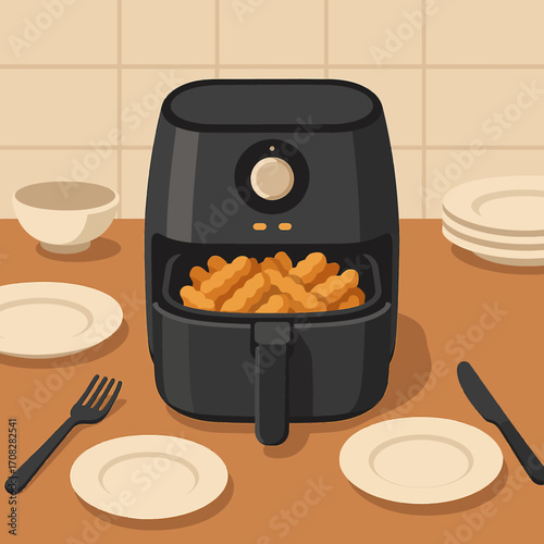 Air fryer with crispy fries on kitchen table in flat design