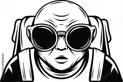 Bald person with large glasses is sitting in the chair outlined in black color