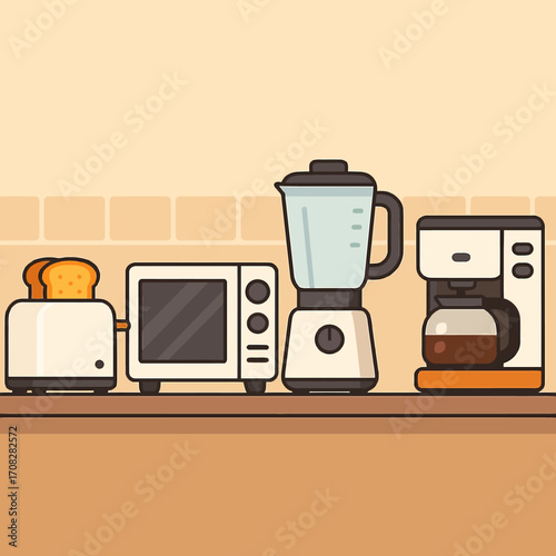 Modern kitchen appliances in retro flat style for home cooking inspiration
