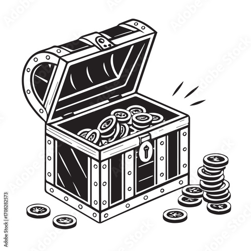 Open treasure chest overflowing with gold coins, isolated on white background