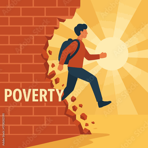 Man breaking through wall of poverty toward a brighter future