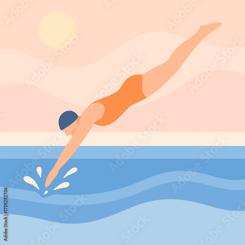 Diver in minimalist style captures sunset dive into ocean waves