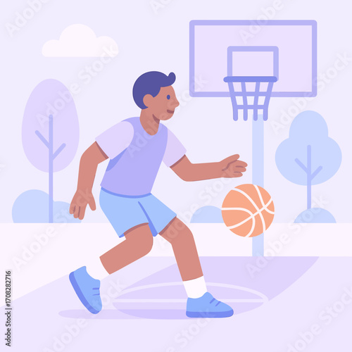 Flat style illustration of basketball player dribbling on outdoor court
