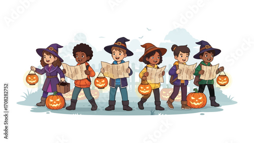 Halloween Adventure: A group of costumed children, each adorned with witch hats and lanterns, embarks on a Halloween quest. Holding maps, they prepare for a night of adventure and excitement.